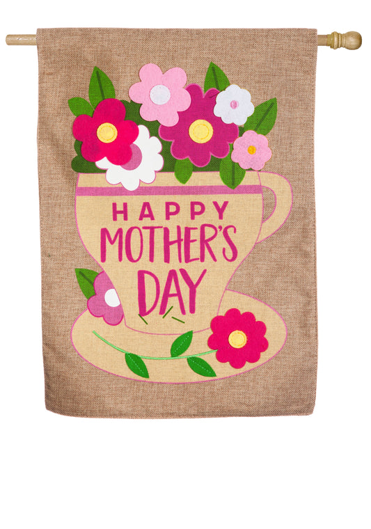 Happy Mothers Day Double Sided Applique House Flag; Burlap