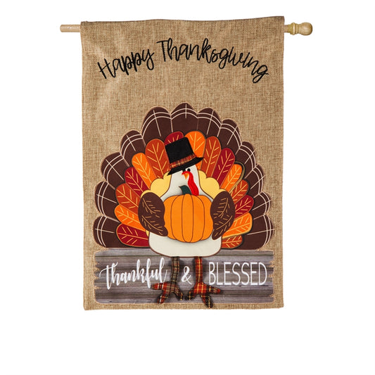 "Thankful & Blessed Turkey" Applique Burlap Seasonal House Flag; Polyester