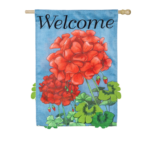 Geranium Welcome Printed Burlap Seasonal House Flag; Polyester