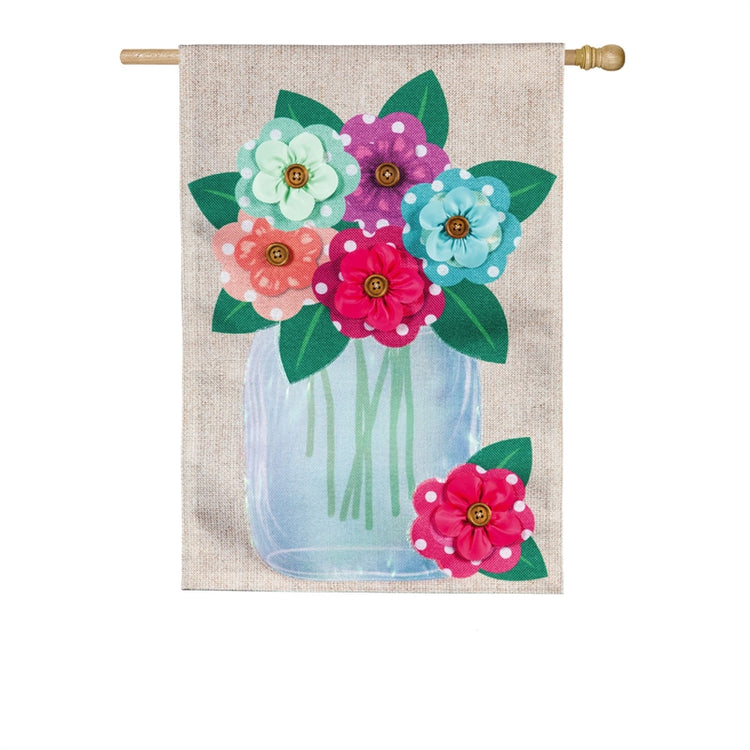 "Polka Dot Floral Mason Jar" Printed Seasonal House Flag; Polyester Burlap