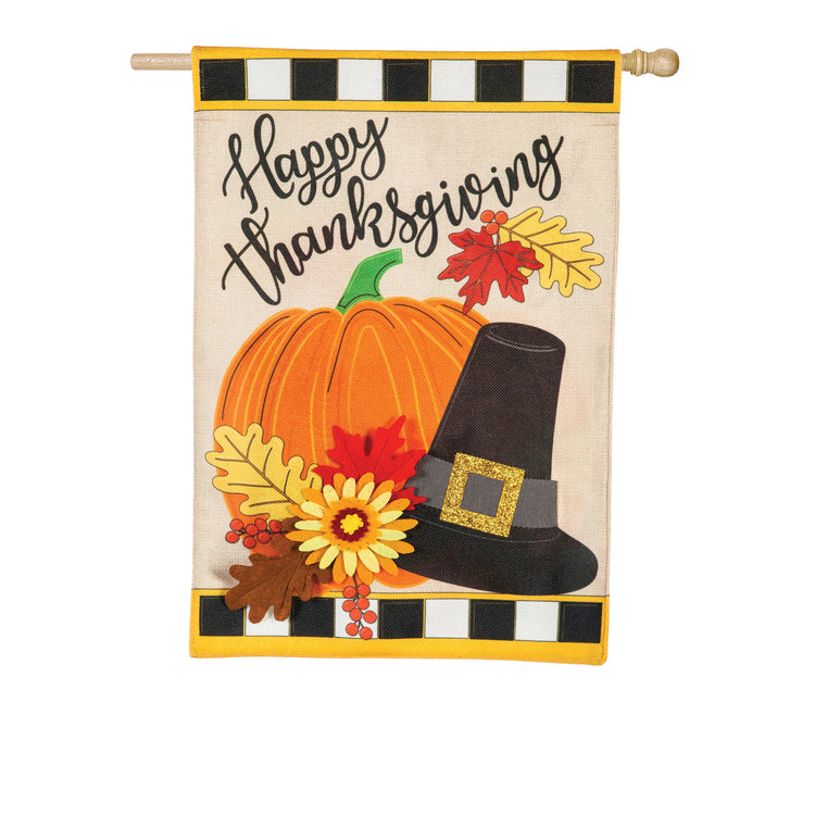 Happy Thanksgiving Double Sided Applique House Flag; Burlap 28"x44"