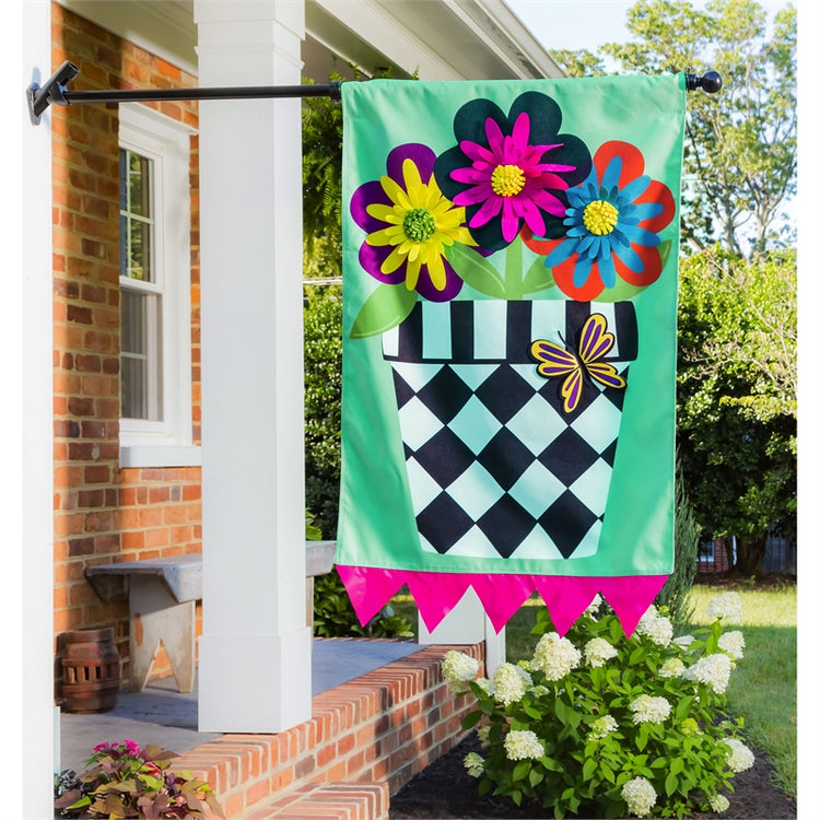 Hello Flower Pot Printed House Flag; Polyester Burlap 28"x44"