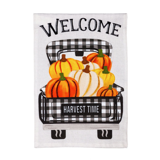 Pumpkin Truck Applique House Flag; Burlap 28"x44"