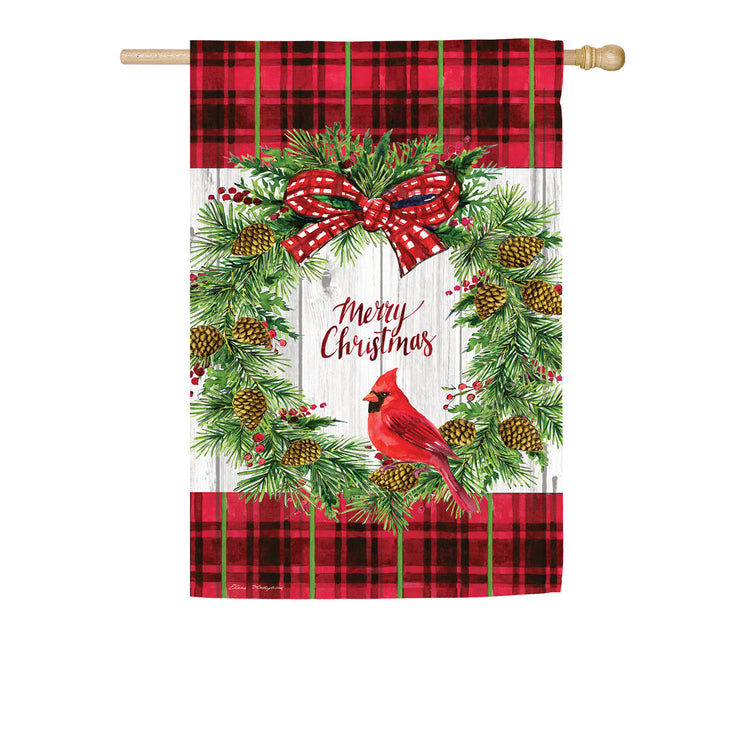 Christmas Cardinal Wreath Printed Suede House Flag; Polyester 29"x43"
