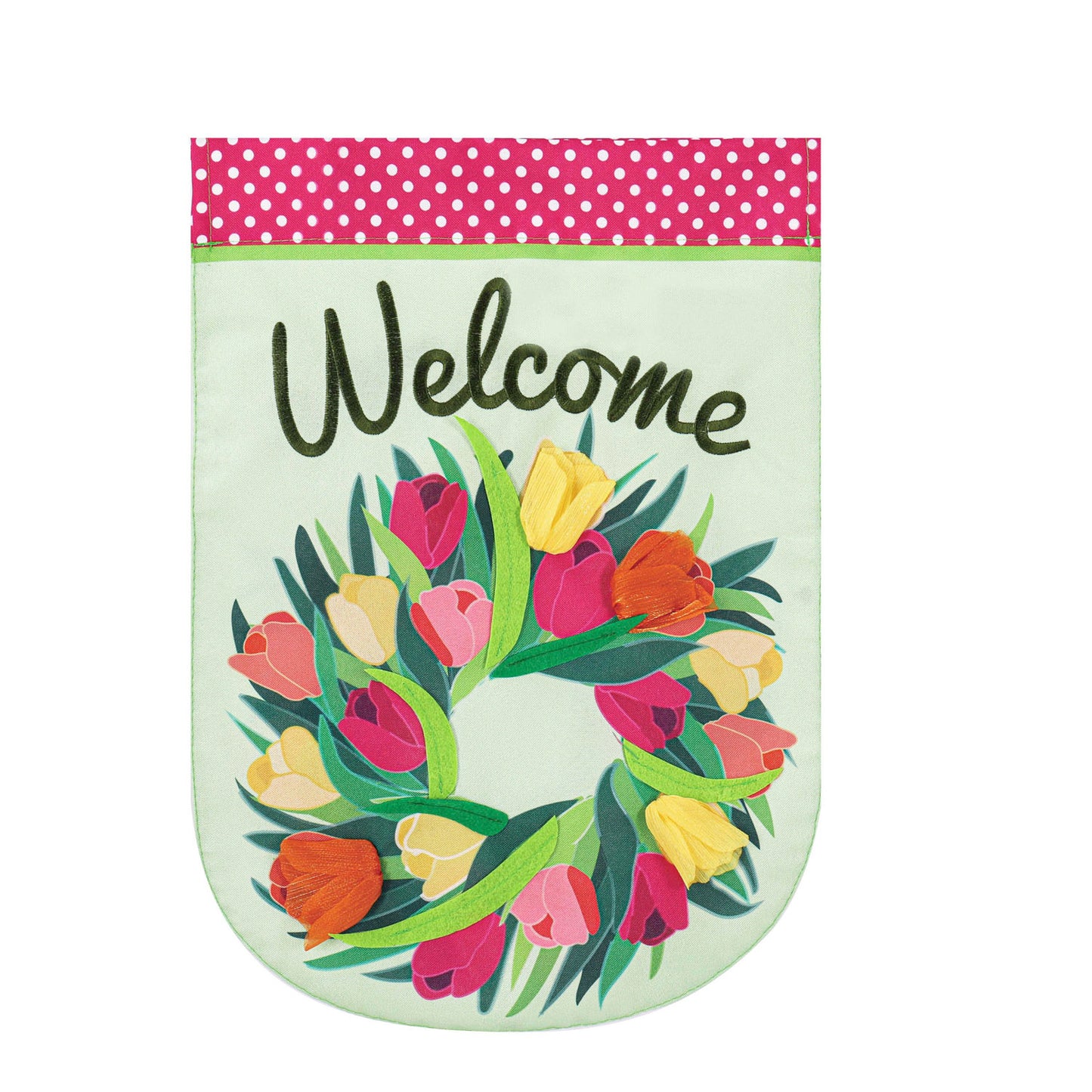 Spring Tulip Wreath Printed House Flag; Linen Textured Polyester 28"x44"