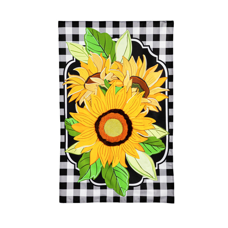 Sunflowers & Checks Printed House Flag; Linen Textured Polyester 28"x44"