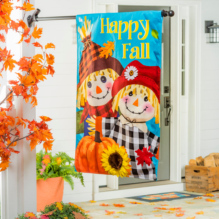 Happy Scarecrow Couple Printed House Flag; Linen Textured Polyester 28"x44"