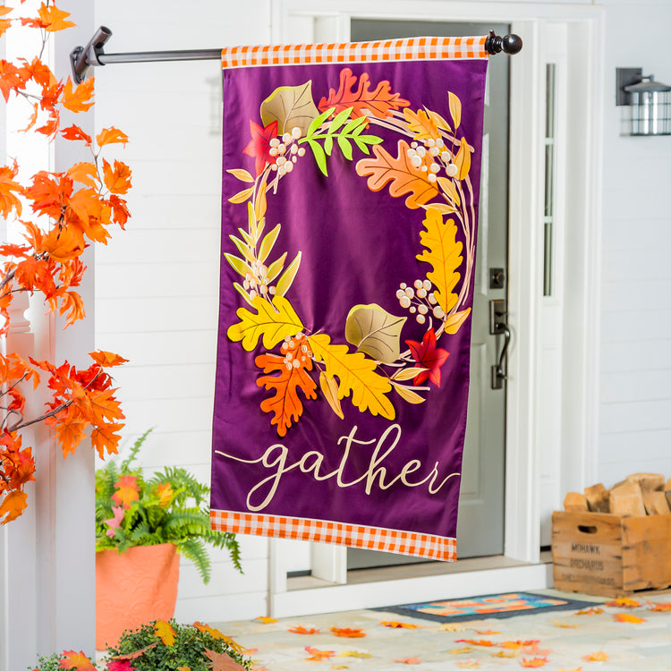 Gather Fall Leaves Wreath Printed House Flag; Linen Textured Polyester 28"x44"