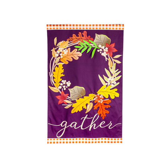 Gather Fall Leaves Wreath Printed House Flag; Linen Textured Polyester 28"x44"