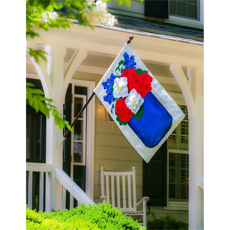 "Patriotic Flowers Mason Jar" Printed Seasonal House Flag; Linen Textured Polyester