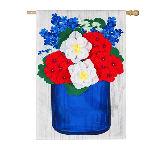 "Patriotic Flowers Mason Jar" Printed Seasonal House Flag; Linen Textured Polyester