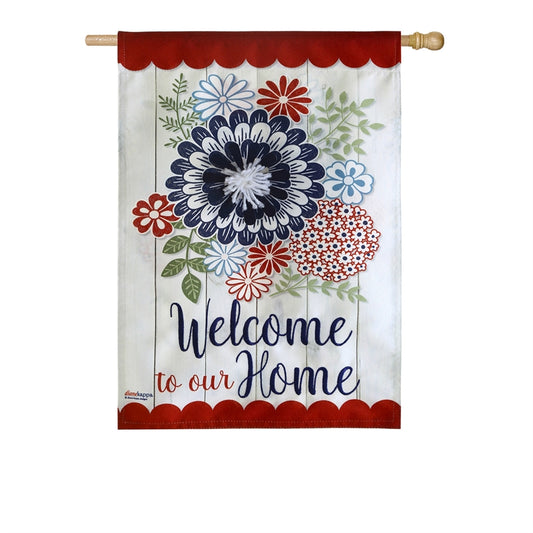 Americana Floral Welcome Printed Seasonal House Flag; Linen Textured Polyester