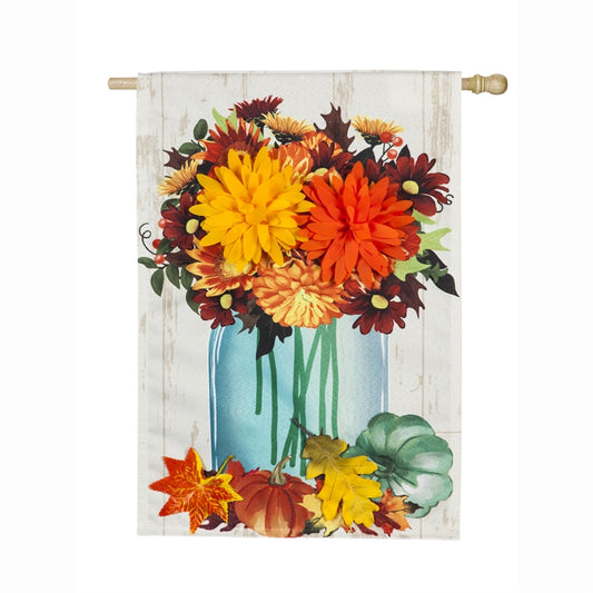 Fall Mums Floral Mason Jar Printed Seasonal House Flag; Linen Textured Polyester