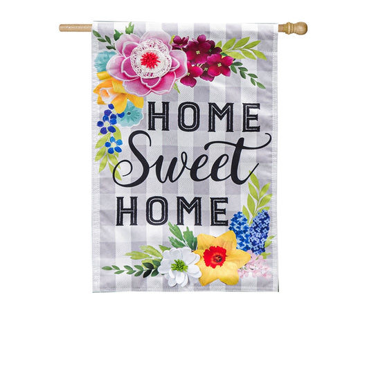 Home Sweet Home Plaid Floral Printed House Flag; Linen Textured Polyester 29"x43"