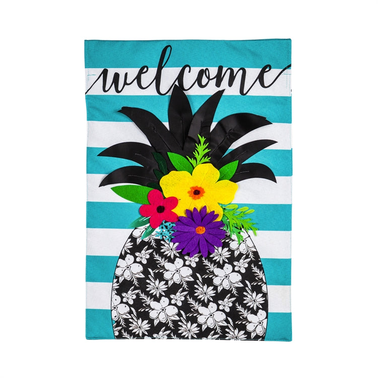 Floral Pineapple Stripe Printed House Flag; Linen Textured Polyester 28"x44"