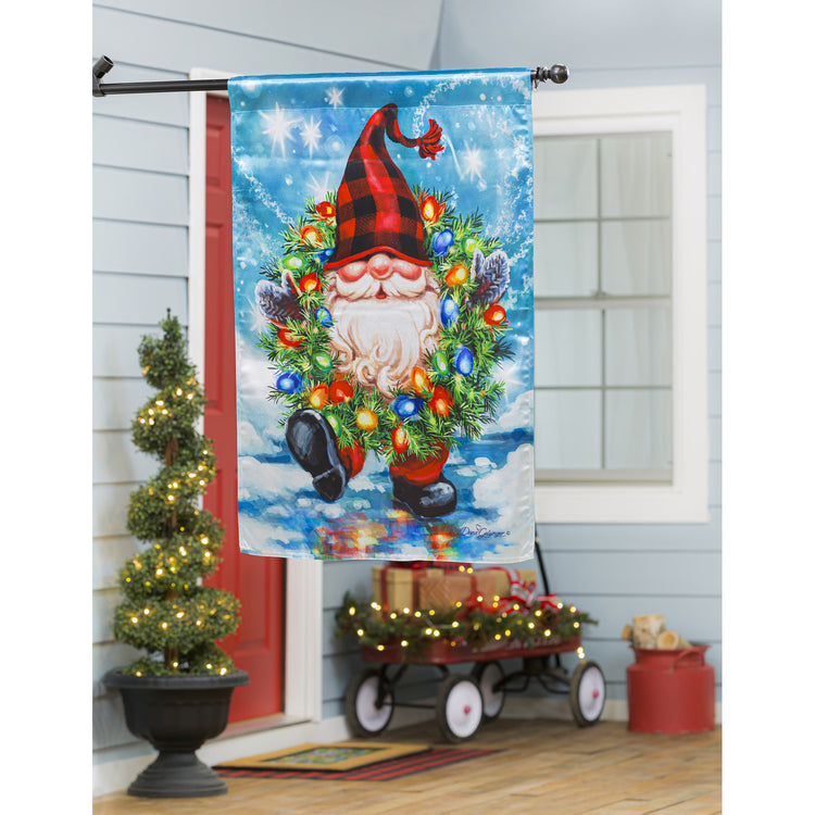 Gnome with a Christmas Wreath Printed Lustre House Flag; Linen Textured Polyester 29"x43"