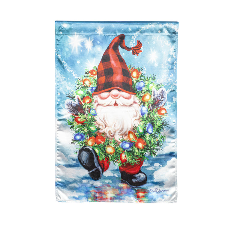 Gnome with a Christmas Wreath Printed Lustre House Flag; Linen Textured Polyester 29"x43"