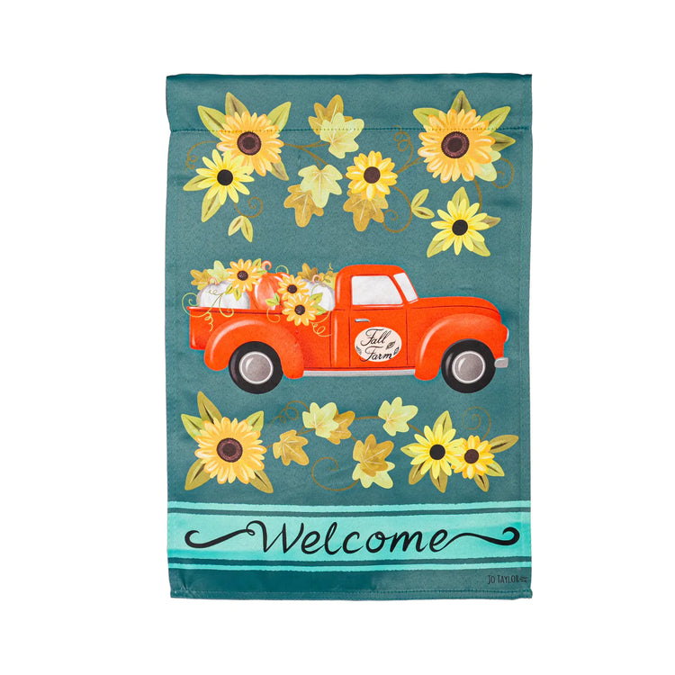 Fall Sunflower Truck Printed Suede House Flag; Polyester 29"x43"