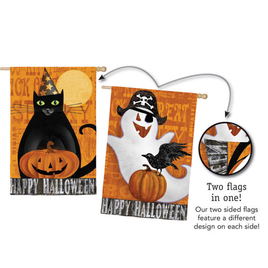"Halloween Night Kitty & Ghost" 2-Sided Printed Suede Seasonal House Flag; Polyester