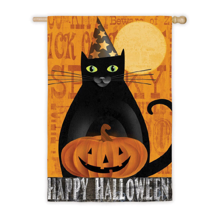 "Halloween Night Kitty & Ghost" 2-Sided Printed Suede Seasonal House Flag; Polyester