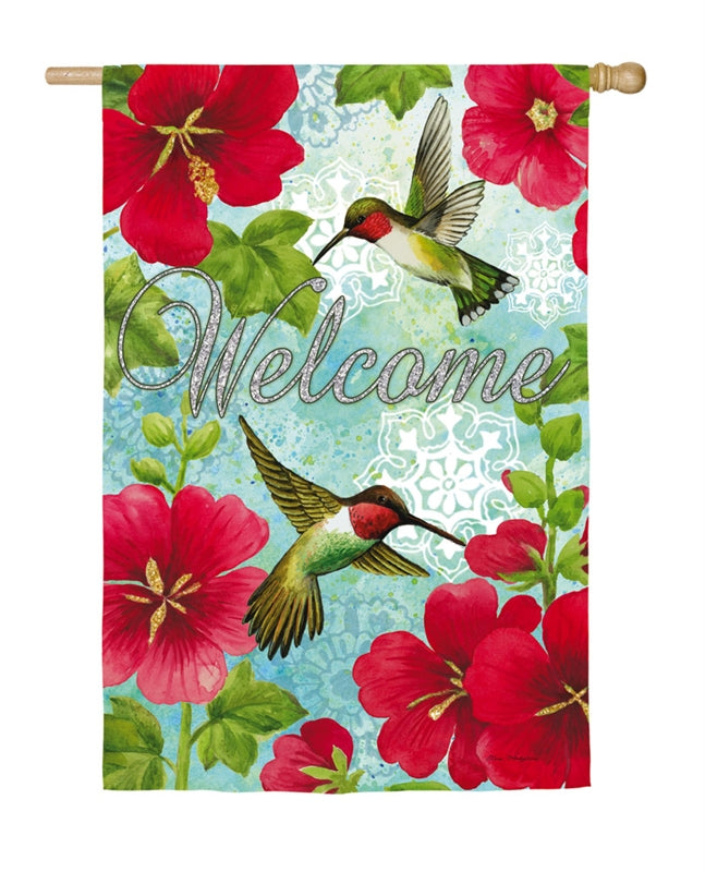 "Hummingbird & Hollyhock" Printed Suede Seasonal House Flag; Polyester