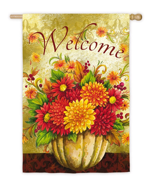 "Welcome Mums in Pumkin" Printed Suede Seasonal House Flag; Polyester