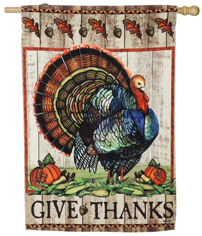 Give Thanks Turkey Printed Suede Seasonal House Flag; Polyester