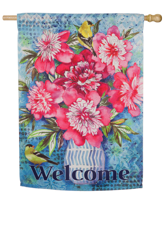 "Peonies on Blue" Printed Suede Seasonal House Flag; Polyester