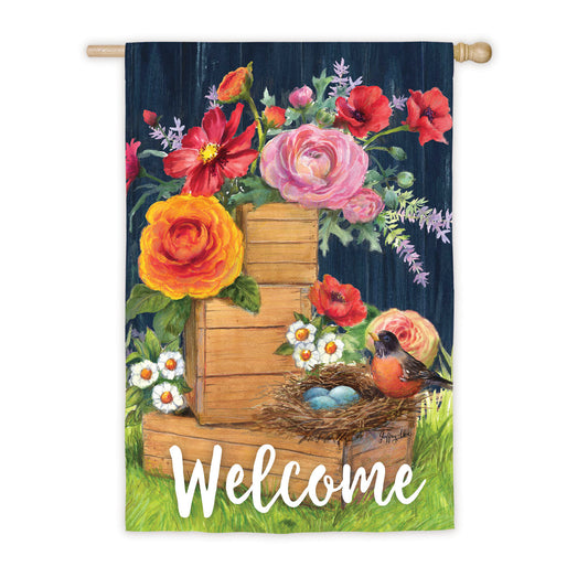 "Vintage Wood Boxes and Robin House" Printed Suede Seasonal House Flag; Polyester