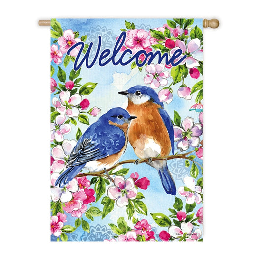 Bluebirds & Blossoms Printed Suede House Flag; Polyester 29"x43"