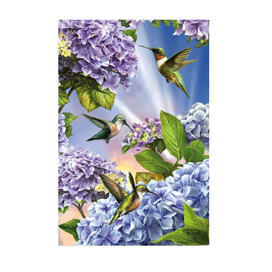 Hummingbirds & Hydrangeas Printed Suede House Flag; Polyester 29"x43"