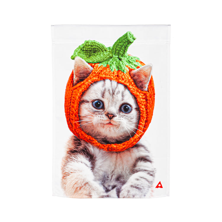 Cat with a Pumpkin Hat Printed Garden Flag; Polyester 12.5"x18"