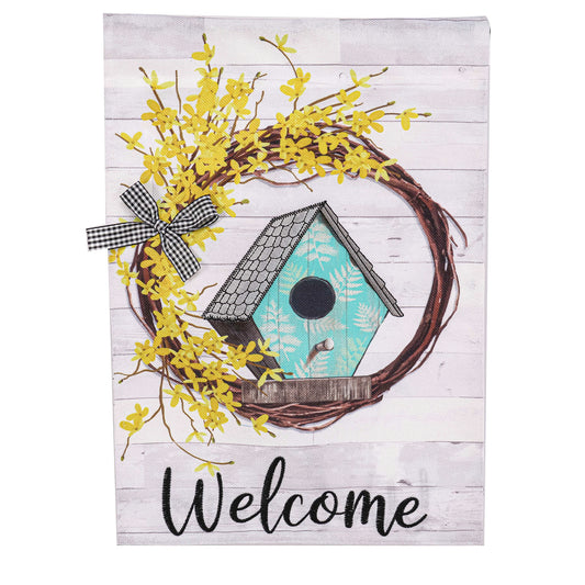 Forsythia and Birdhouse Wreath Garden Flag