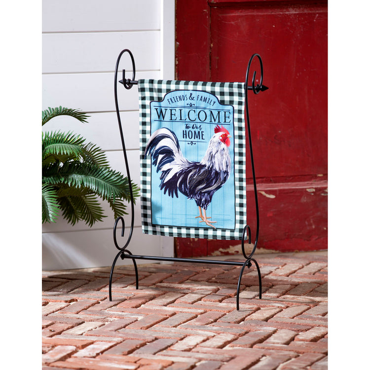 Black and White Rooster Printed Burlap Garden Flag; Polyester 12.5"x18"