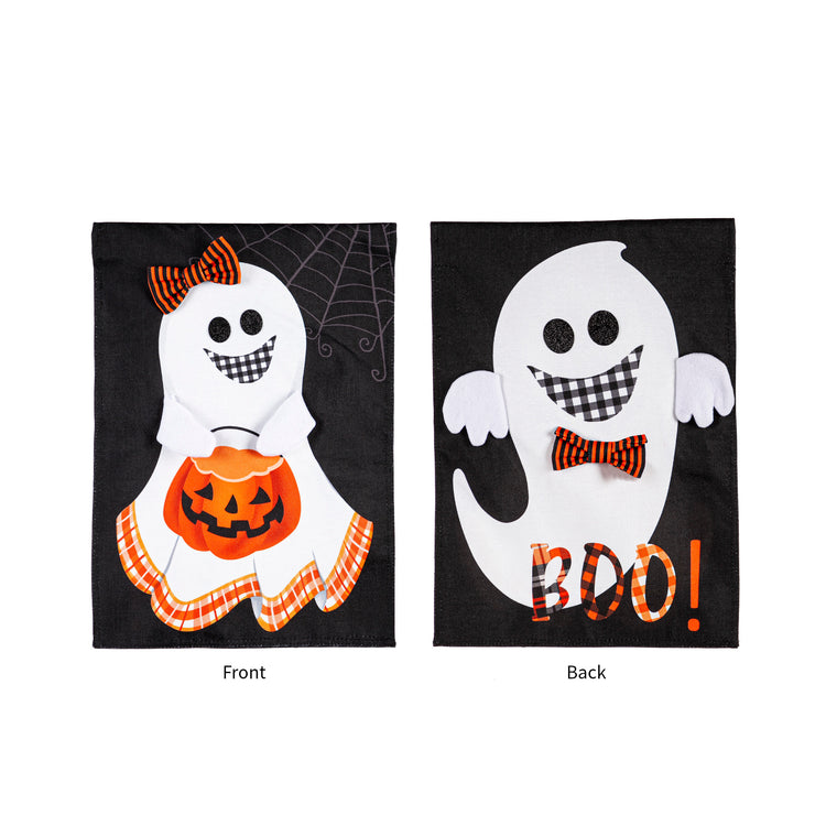 Girl & Boy Halloween Ghost Burlap Garden Flag; Polyester 12.5"x18"