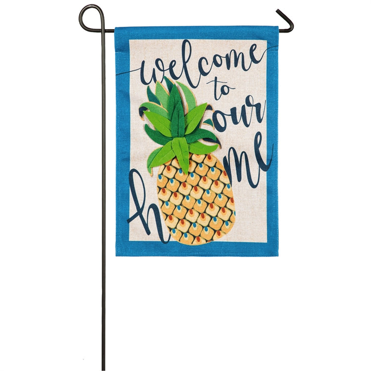 Welcome to Our Home Pineapple Printed Garden Flag; Polyester Burlap 12.5"x18"