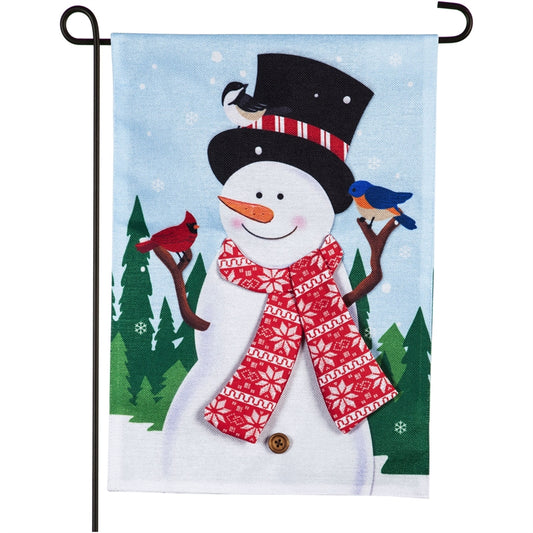 "Snowman & Bird Friends" Printed Seasonal Garden Flag; Polyester Burlap