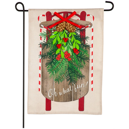 "Vintage Sled" Printed Seasonal Garden Flag; Polyester Burlap