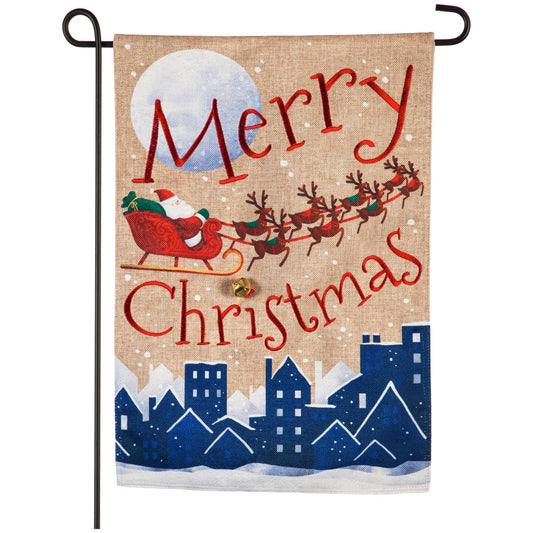 Santa's Sleigh Merry Christmas Printed Burlap Garden Flag; Polyester 12.5"x18"