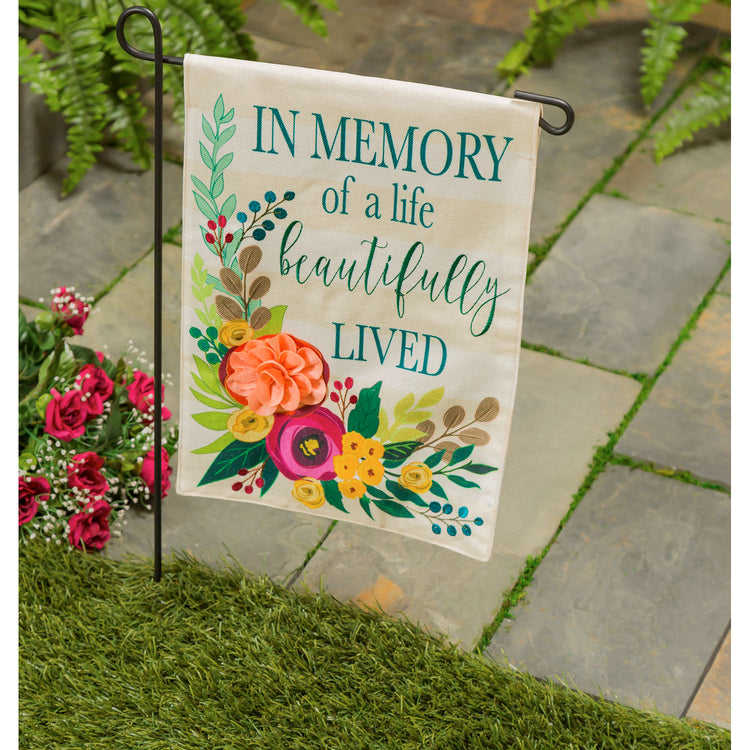 In Memory of a Life Beautifully Lived Garden Flag; Burlap-Polyester 12.5"x18"
