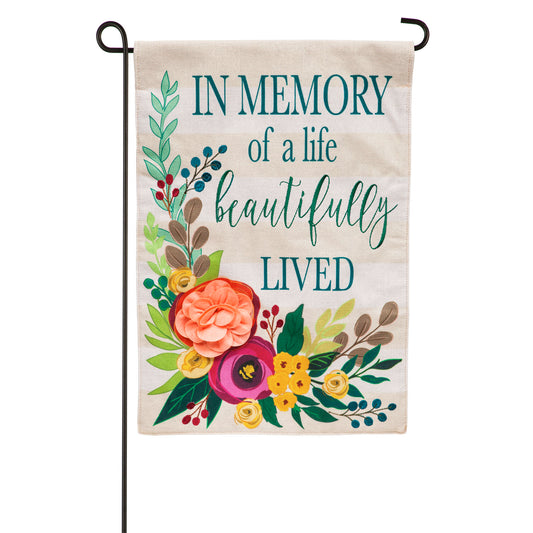 In Memory of a Life Beautifully Lived Garden Flag; Burlap-Polyester 12.5"x18"