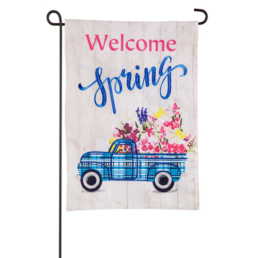 Welcome Spring Plaid Truck Burlap Garden Flag; Polyester 12.5"x18"