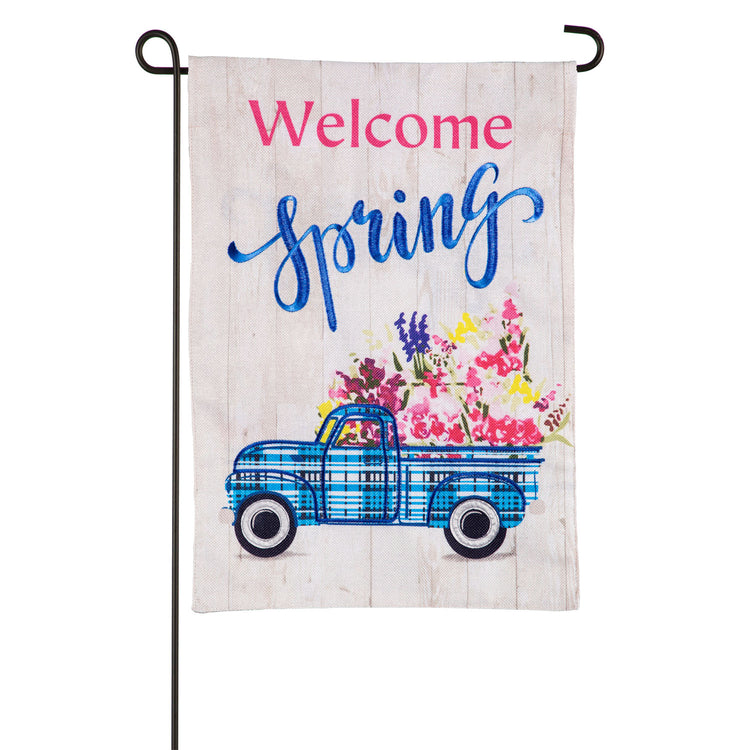 Welcome Spring Plaid Truck Burlap Garden Flag; Polyester 12.5"x18"