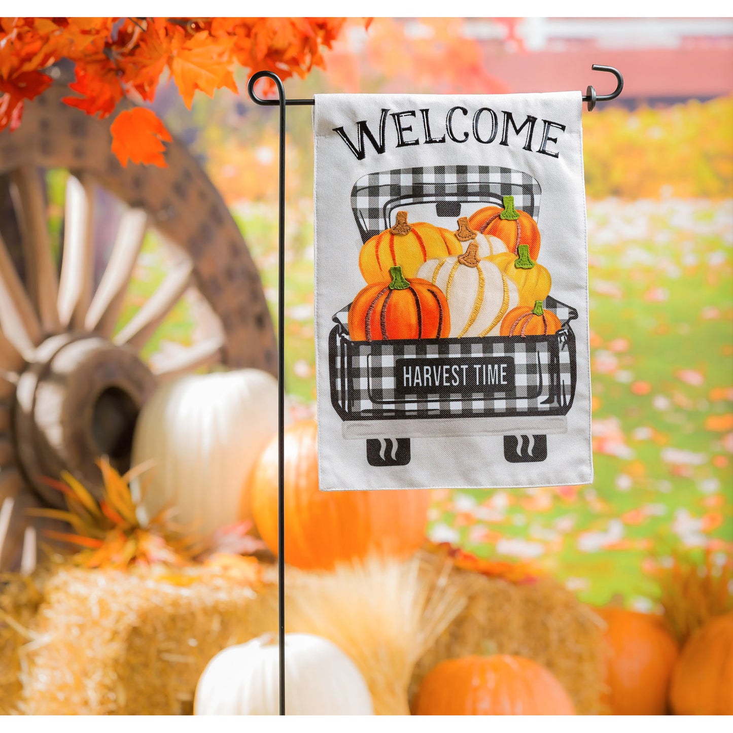 Pumpkin Plaid Truck Garden Flag