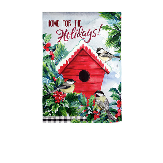 Chickadees Holiday Birdhouse Printed Textured Suede Garden Flag; Polyester 12.5"x18"