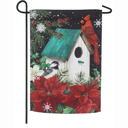 "Poinsettia Birdhouse" Printed Textured Suede Garden Flag; Polyester