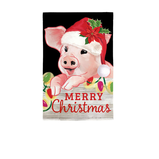 Christmas Pig Printed Garden Flag; Polyester-Linen Blend 12.5"x18"