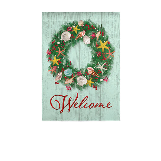 Christmas Shell Wreath Printed Garden Flag; Polyester-Linen Blend 12.5"x18"