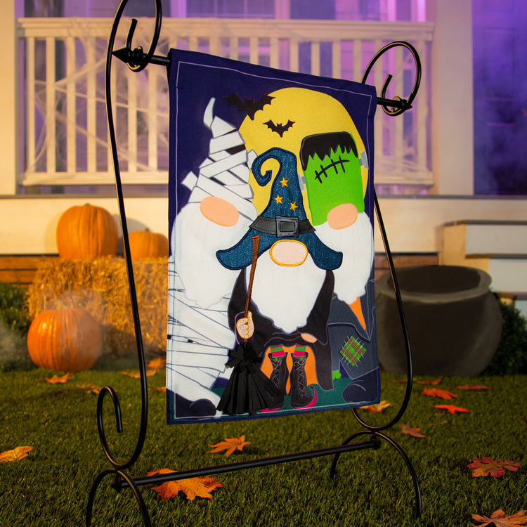 Trick or Treat Gnomes Garden Flag; Linen Textured Polyester 12.5"x18"