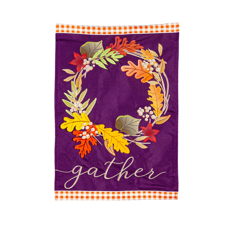 Gather Fall Leaves Wreath Garden Flag; Linen Textured Polyester 12.5"x18"